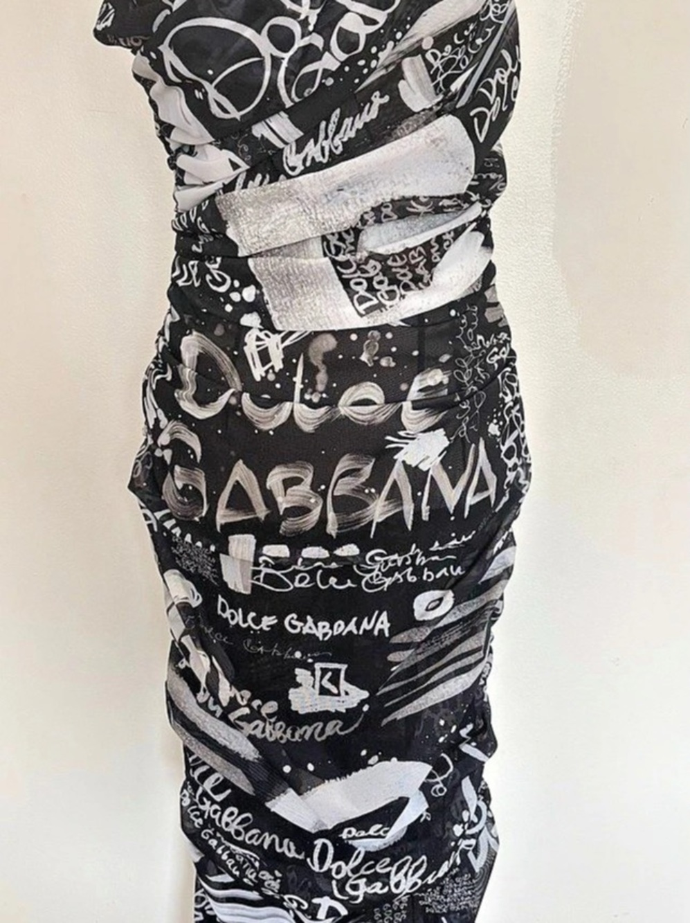 Dolce & Gabbana Graffiti-Print Ruched Tulle Midi Dress Black & White Size IT 46